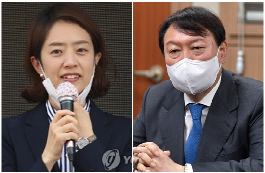 고민정(왼쪽) 더불어민주당 의원과 윤석열 전 검찰총장. 연합뉴스